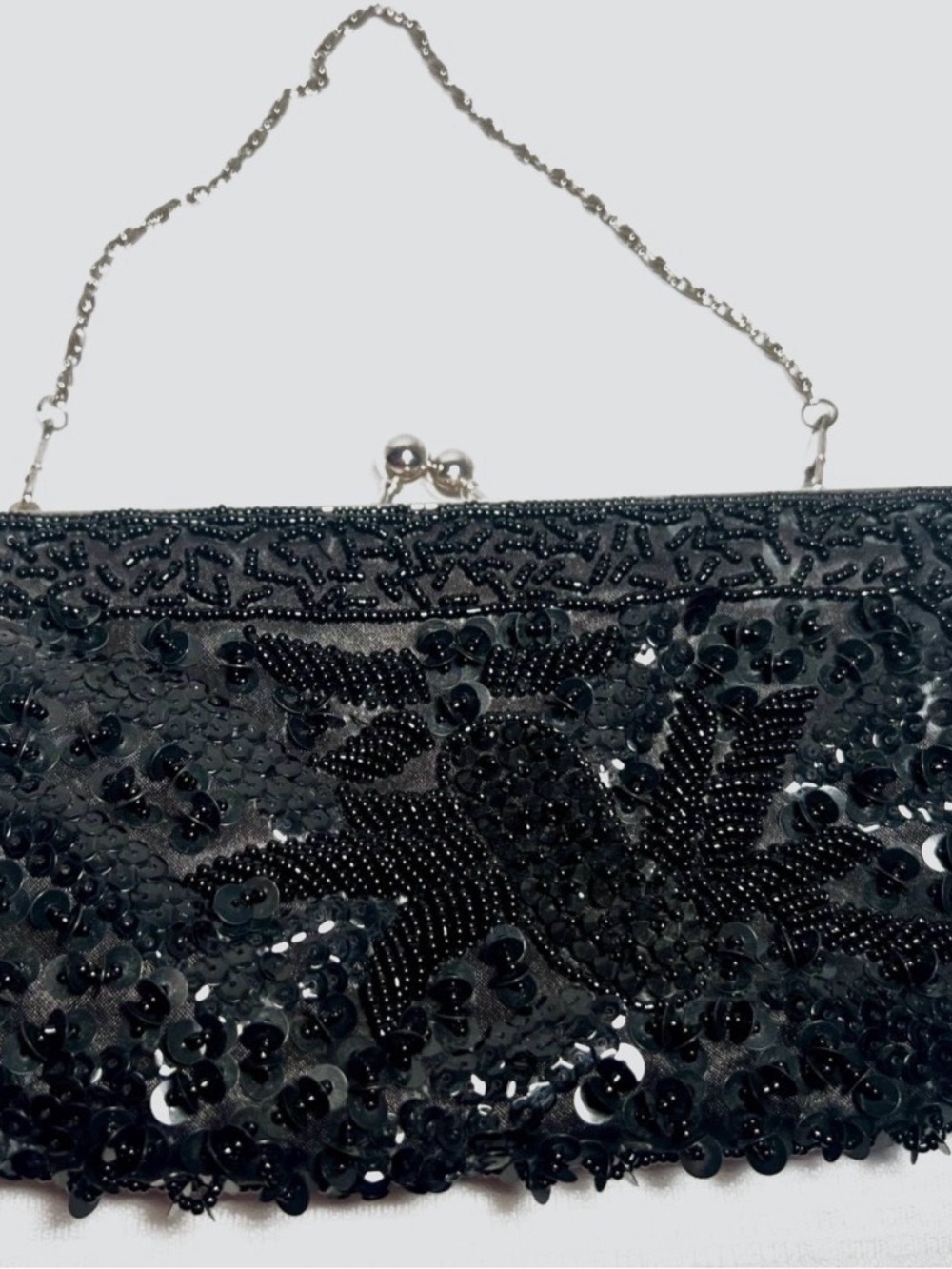 Bijoux Terner Black Beaded Sequin Evening Clutch with Chain